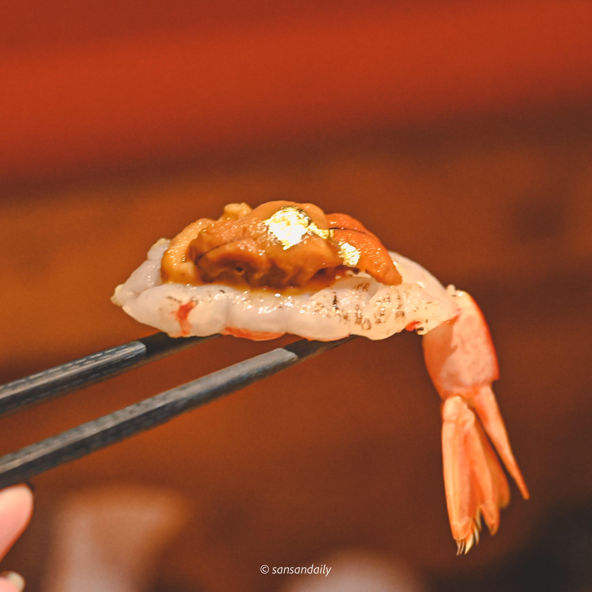 生蝦上鋪一層海膽、撒上些許金箔