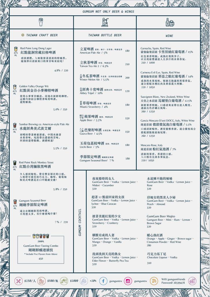GUMGUM Beer & Wings雞翅酒吧內科店 酒單 精釀啤酒 紅白酒 調酒