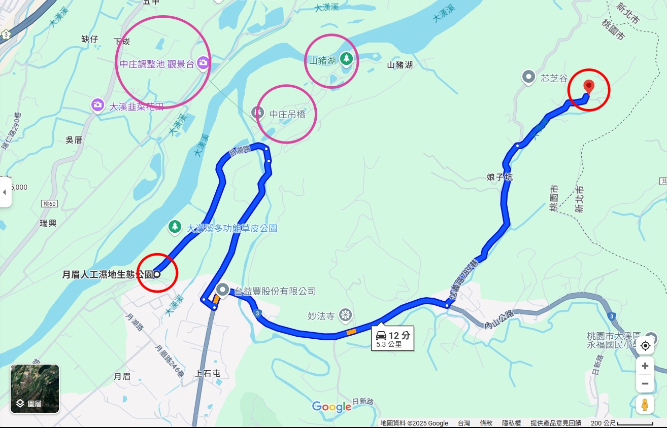 地圖示意，圖中圈起處為餐廳周圍景點：中庄吊橋、中庄調整池、山豬湖、月眉人工濕地