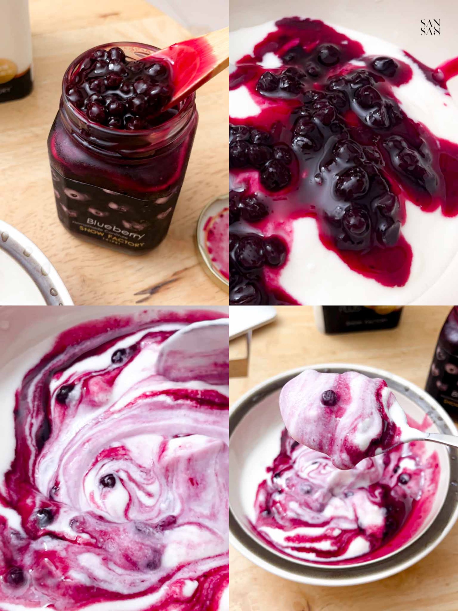 四宮格圖，第一格：湯匙舀藍莓果醬，第二格：滿滿的藍莓顆粒和果醬在純白的優格上，第三格：攪拌開來後是漂亮的白色與粉色漸層，第四格：湯匙舀起攪拌好的藍莓果醬優格